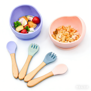 Baby Feeding Set | Food Grade Silicone Suction Bowl with Wooden Spoon & Fork | BPA Free