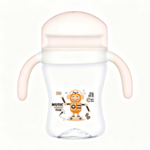 Clear baby sippy cup with pink handles and lid, cute music star robot cartoon print, 360 degree weighted free flow drinking trainer cup for toddlers, leak-proof baby transition water bottle