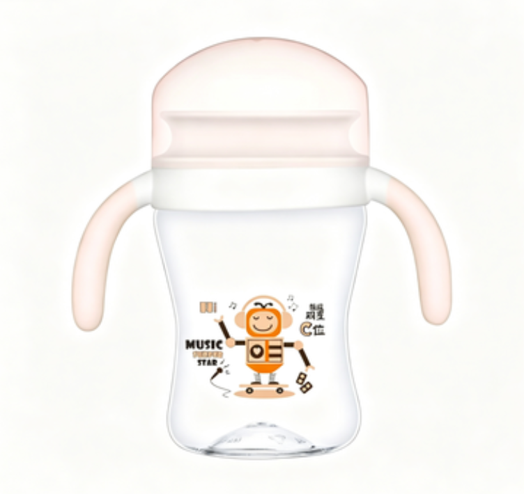 Clear baby sippy cup with pink handles and lid, cute music star robot cartoon print, 360 degree weighted free flow drinking trainer cup for toddlers, leak-proof baby transition water bottle