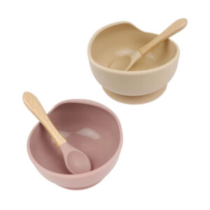 Perri Baby silicone baby suction bowl and spoon set with wooden handle, BPA-free toddler self-feeding kit for baby led weaning, pink and beige