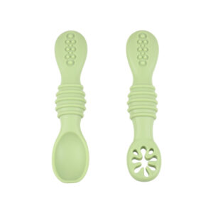 Perri Baby silicone baby training spoons 2-pack, solid and strainer design, BPA-free first feeding utensils for infants 6+ months, sage green