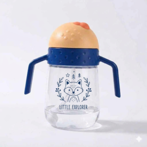Blue weighted straw baby sippy cup with cute fox print