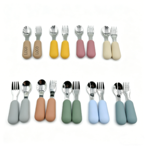 Toddler Utensils Set, Silicone Handle Stainless Steel Baby Fork and Spoon Cutlery Set