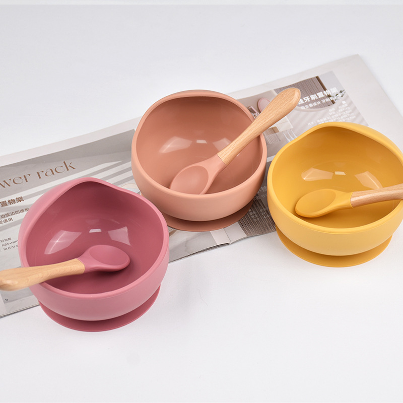 Silicone Baby Suction Bowl & Spoon Set (Wooden Handle) - Image 9
