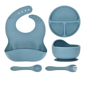 Silicone Baby Feeding Set, 5-Piece Toddler Tableware with Suction Plate, Bowl, Bib, Spoon & Fork, BPA-Free Self-Feeding Utensils for Babies 6+ Months