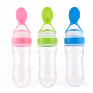 Squeeze Silicone Baby Feeding Bottle with Spoon – 90ml Leak-Proof Cereal & Puree Dispenser, BPA-Free Food Grade Silicone, One-Handed Travel Feeding Tool